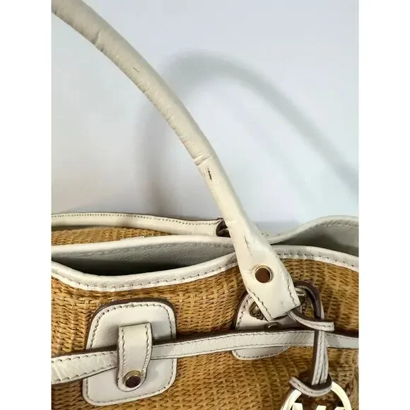Michael Kors Straw Woven White Leather Shoulder Bag Gold Multiple Pockets - Picture 4 of 11
